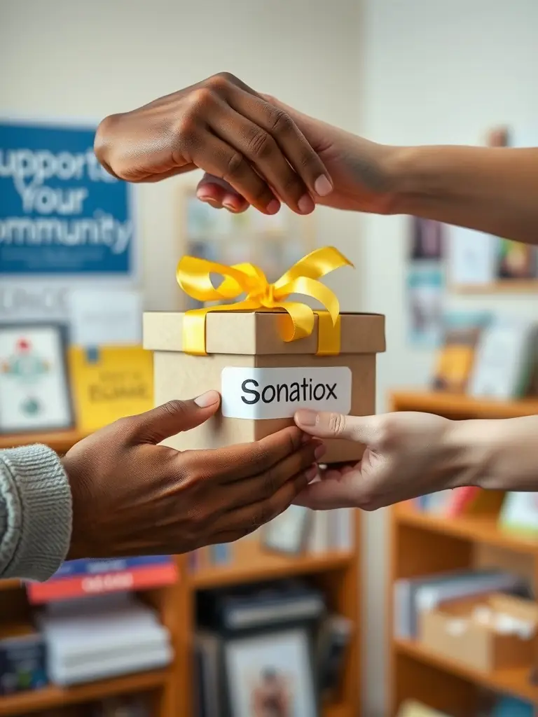 Hands exchanging a donation box with a yellow ribbon.
