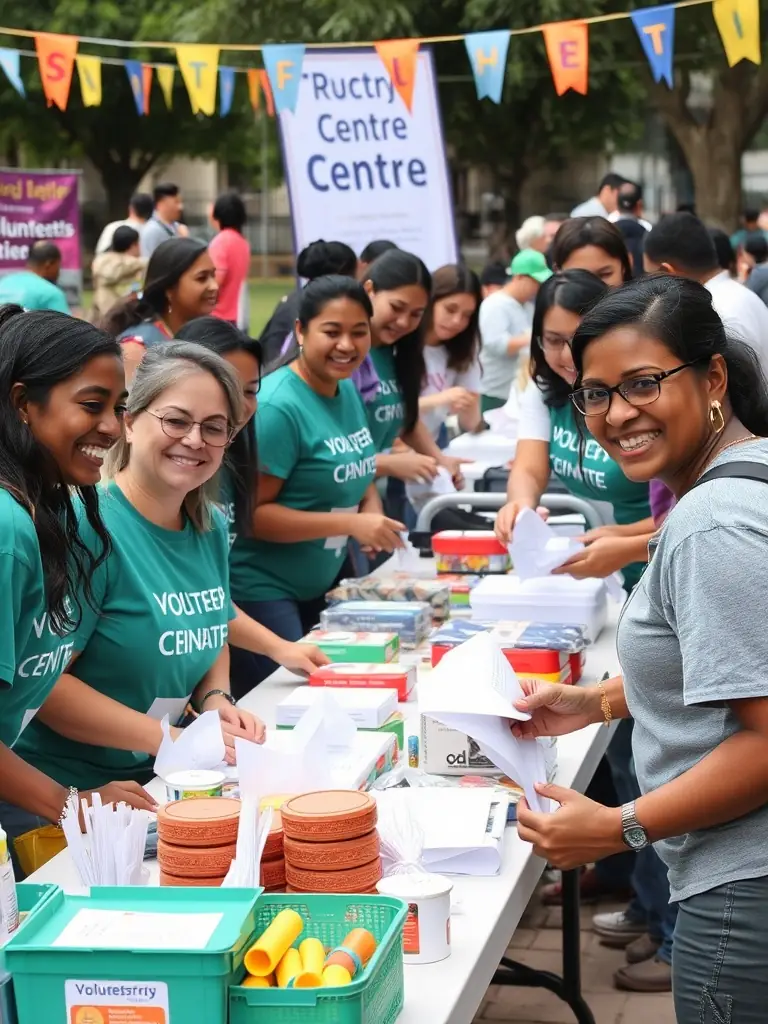 A diverse group of volunteers collaborating at a community event.
