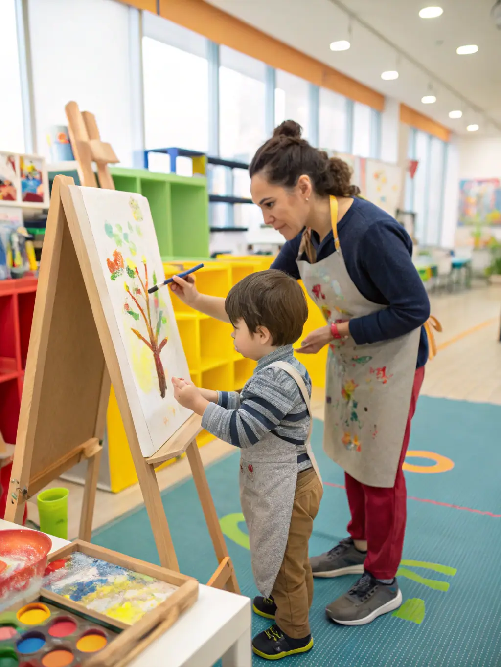 A caregiver gently helping a child with a painting activity, showcasing the daycare's focus on creative expression and individual attention.
